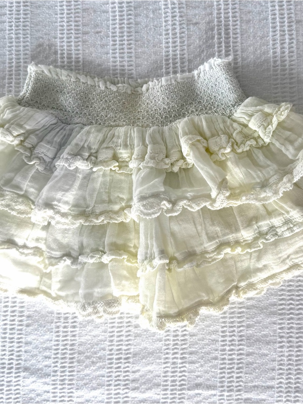 LoveShackFancy Soft yellow and light blue/green Smocked Waist Skirt